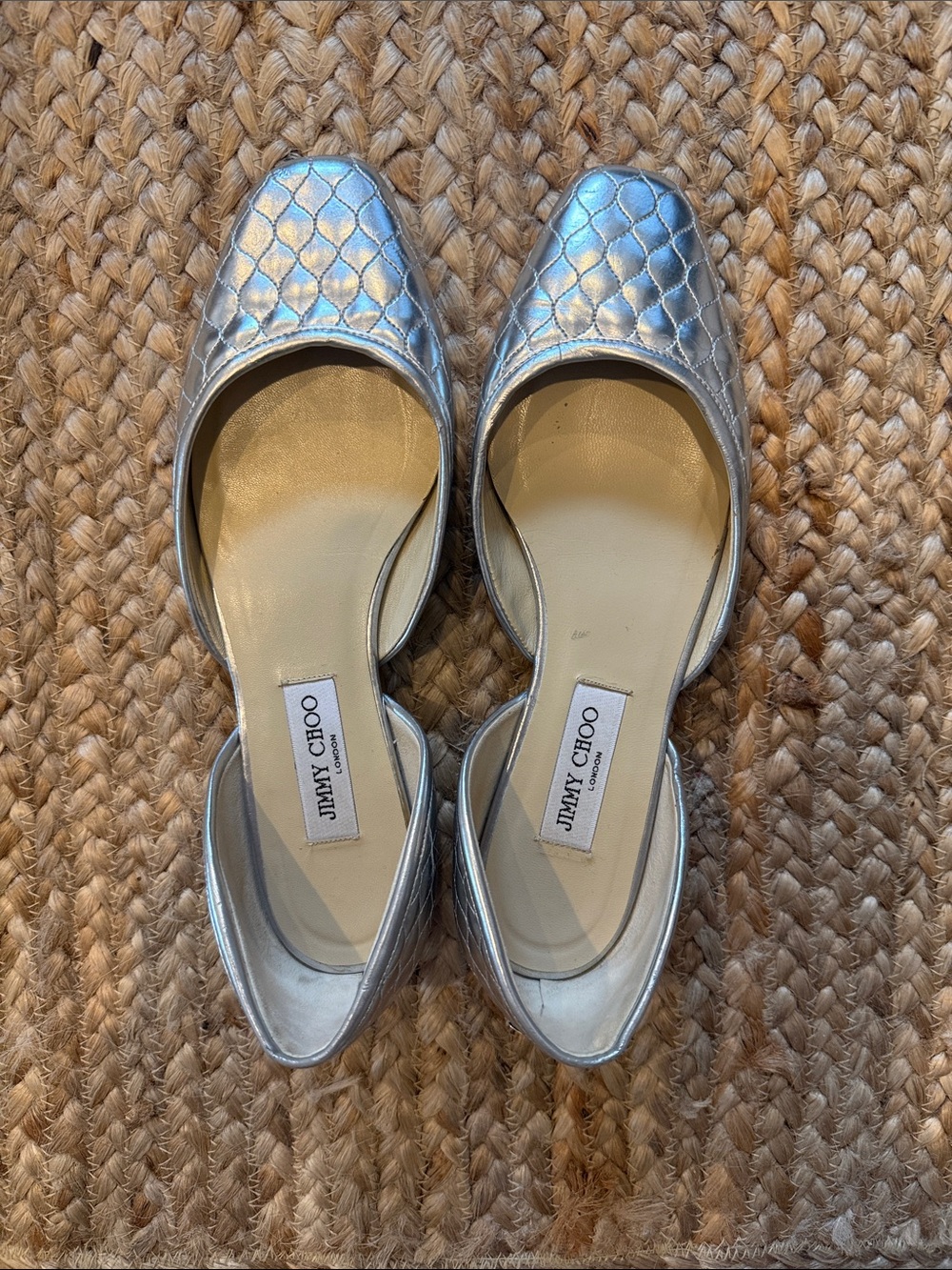 Jimmy Choo Metallic Silver Quilted D'Orsay Flats